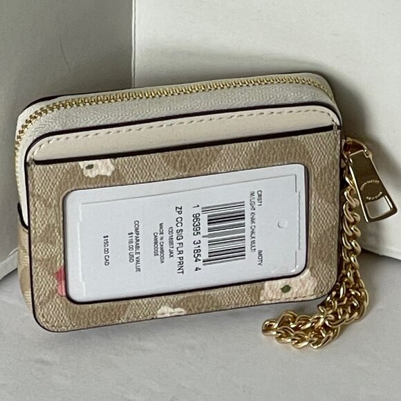 Coach Zip Card Case Pink Floral CR971 ID Wallet Beige Canvas Leather Chain Strap - Picture 4 of 7